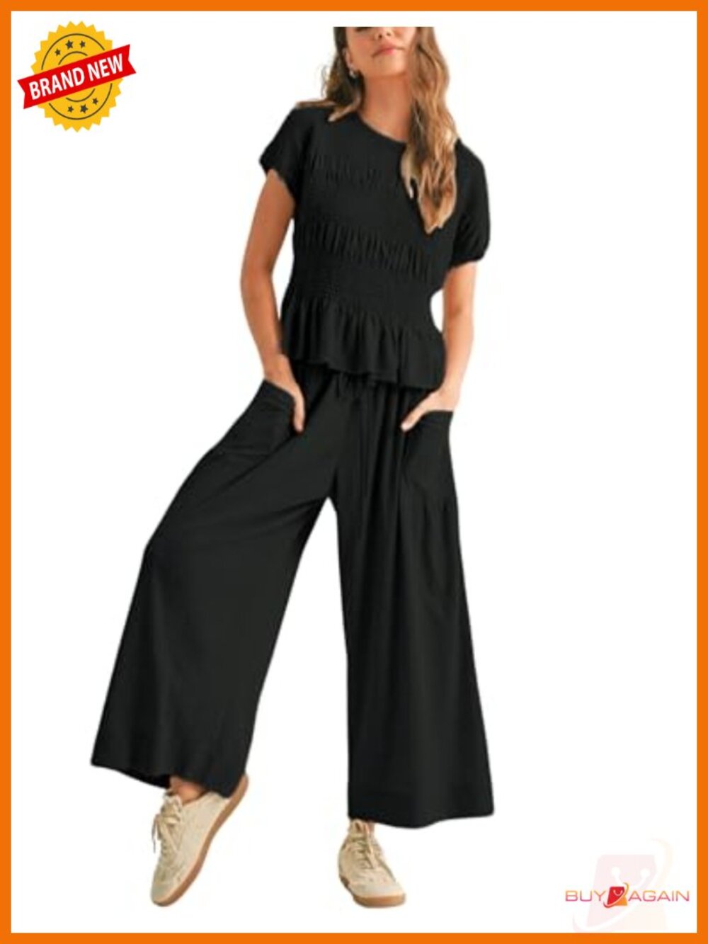 Womens Smocked Top Wide Leg Pants Lounge Set with Pockets